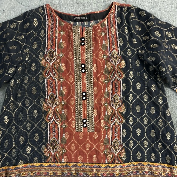 Limelight Pakistan Kurta Top Cotton Self Print Fringe Border Size M Black/Multi - Picture 3 of 12